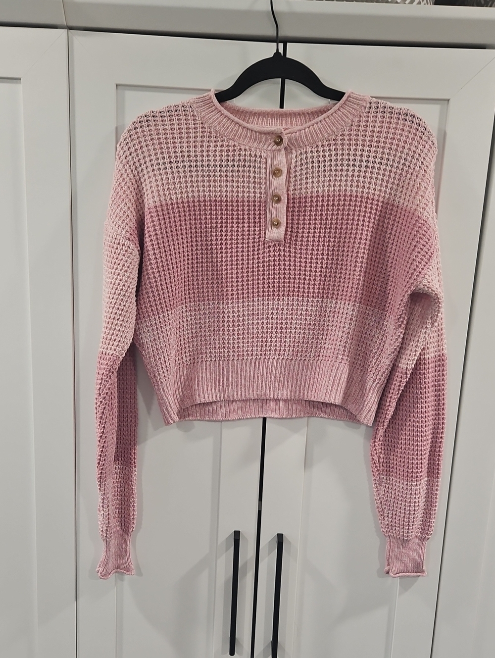 Aeropostale Waffle Knit Pink Stripe Henley Cropped Sweater. Size XS.